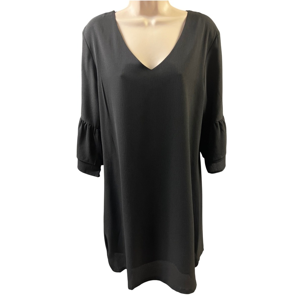 Belongsci Shift Dress Womens LG Black Crepe V-Neck Ruffle Bell Sleeve Solid New - Picture 2 of 10